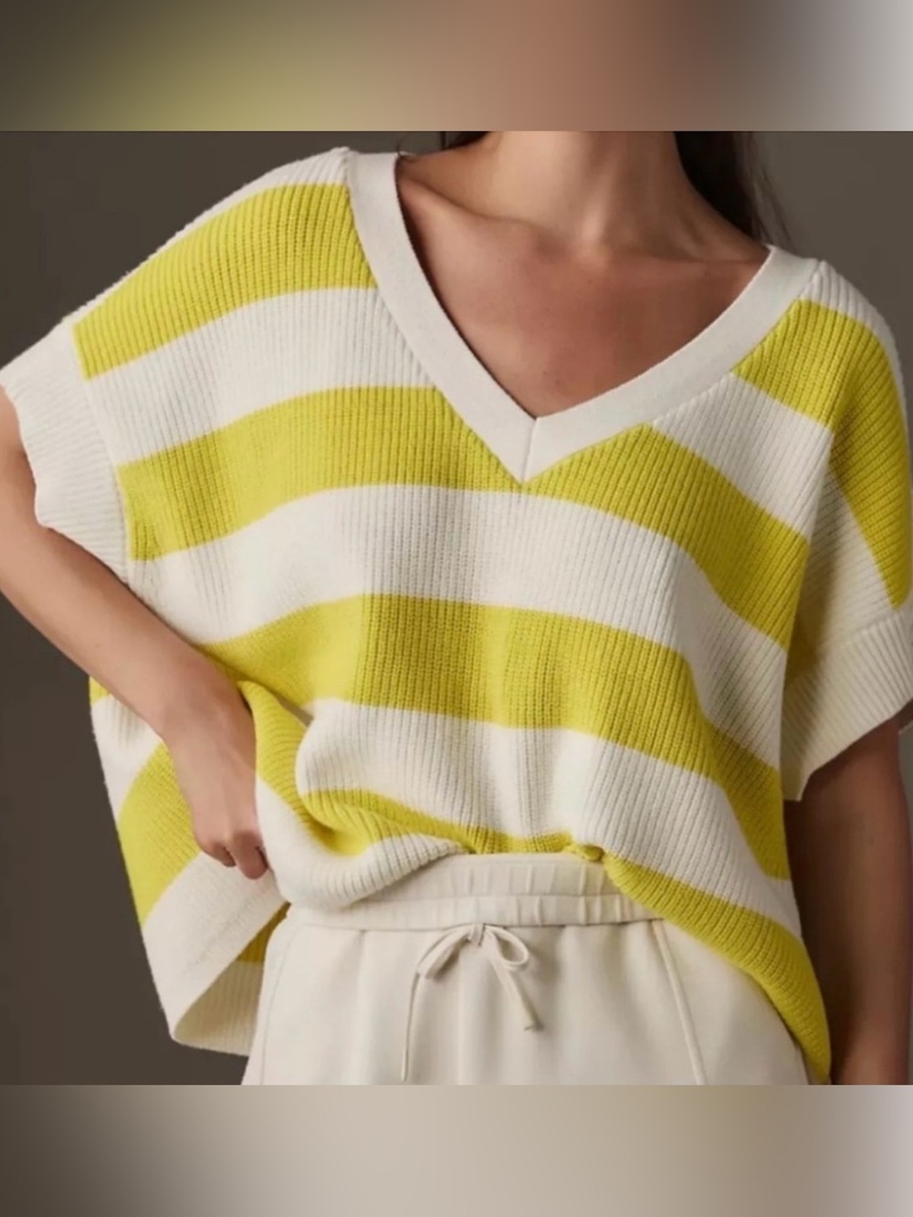 Maeve by Anthropologie Yellow Striped V-Neck Oversized Sweater Tee Size Small